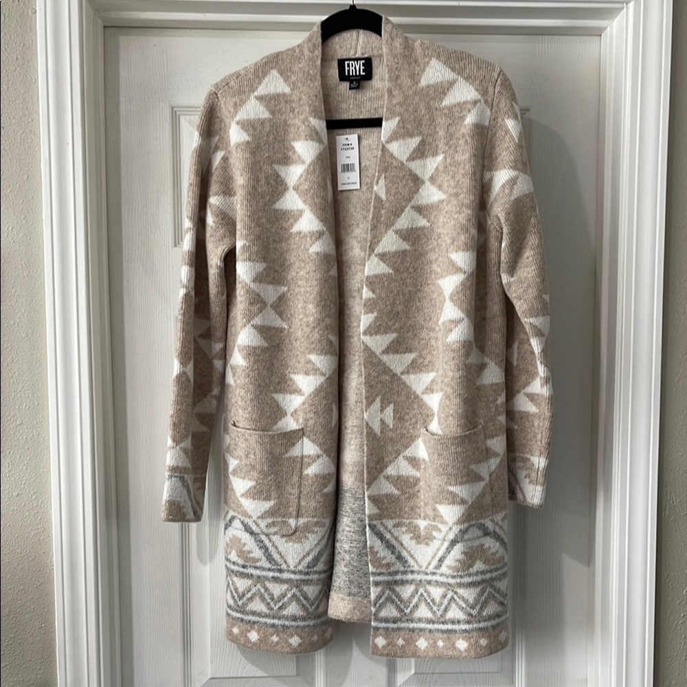 NWT Frye Tan and Cream Geometric Cardigan Sweater - Picture 2 of 4